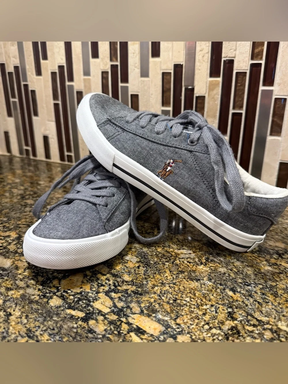 Polo Ralph Lauren Easton II Shoe Gray Chambray Cotton Lace Low Sneaker Youth 2